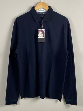 Ted Baker London Terned Long Sleeve Ribbed Knit Polo | Navy